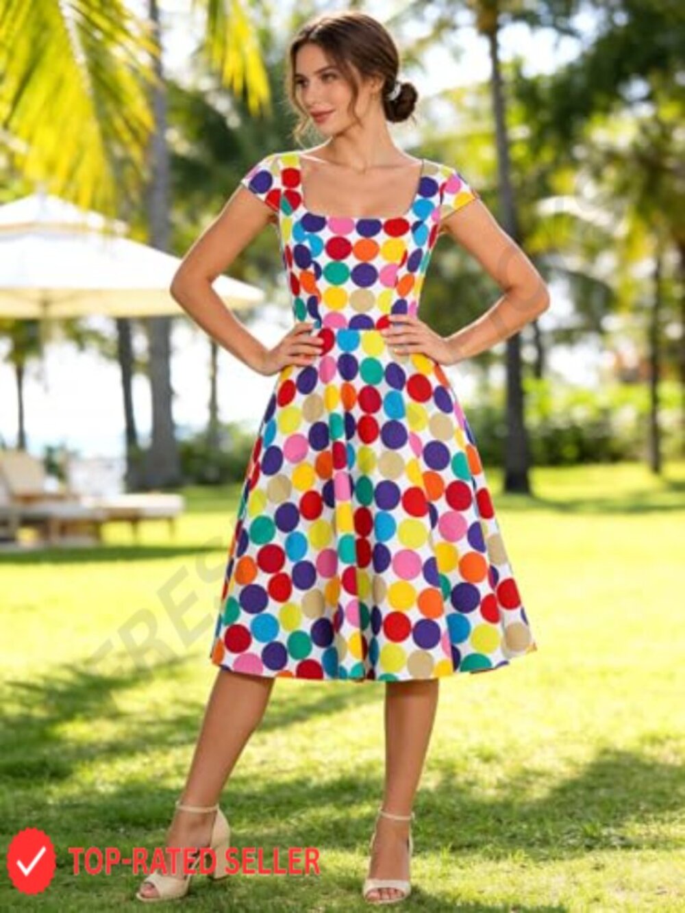 Cap Sleeve Retro Swing Dress with Pockets Cocktail Party Wear 1950s Style A-Line - Picture 4 of 7